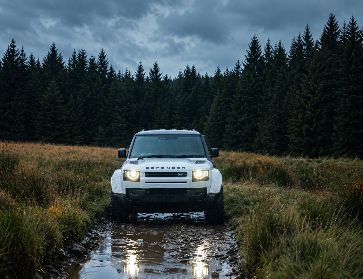 White car driving through a muddy forest trail with headlights on.